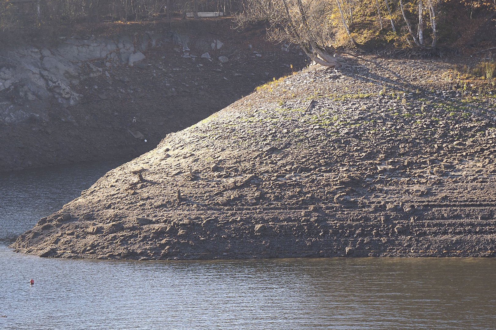 Der nahezu leere Möhnesee: das Südufer am Ende der Delecker Brücke.