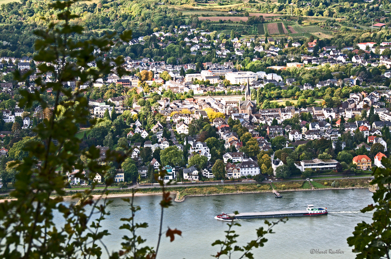 Der Rhein mit seinem Umfeld vom Drachenfels gesehen.