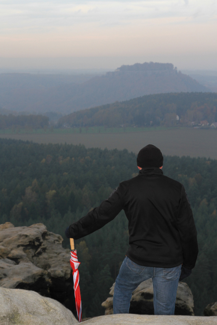 Der Wanderer einen Berg betrachtend