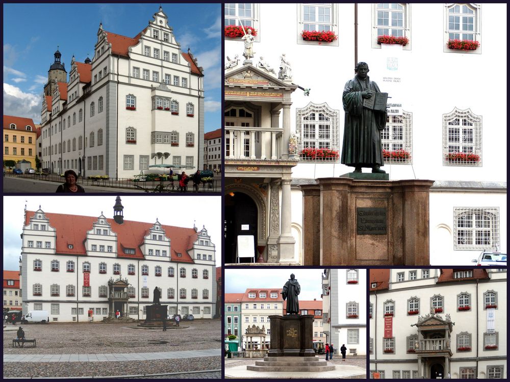 Der Wittenberger Markt mit Renaissance-Rathaus und den Denkmälern von Luther und Melanchthon