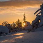 der zeigt auf die untergehende Sonne