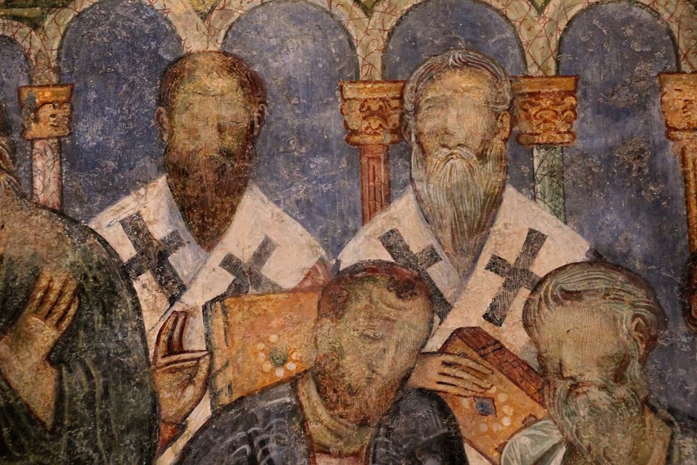 Detail der byzantinischen Fresken in der Kreuzfahrerkirche Abu Gosh