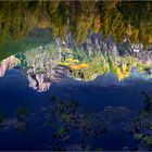 Die Berge der Pala-Dolomiten spiegeln sich im Lago Welsperg