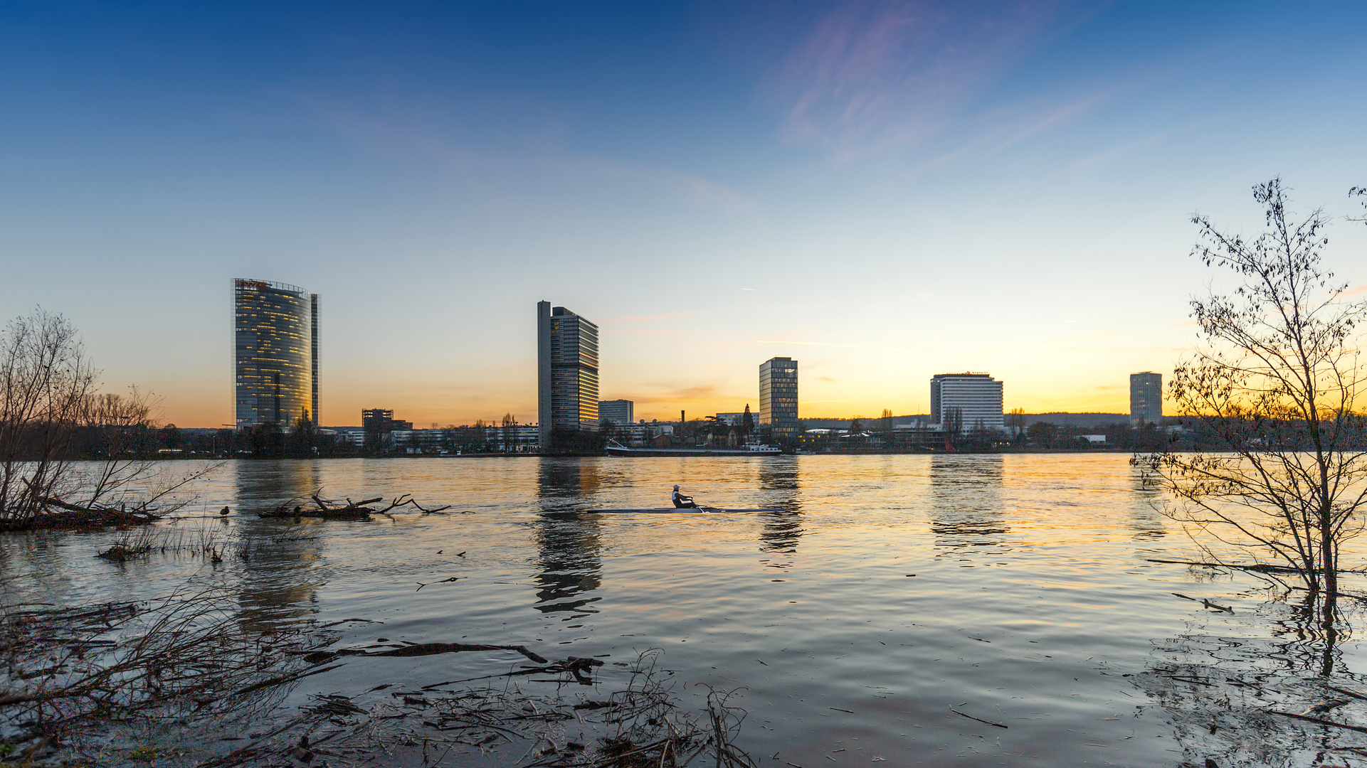 Die Bonner Skyline im Sonnenuntergang bei Rhein-Hochwasser.