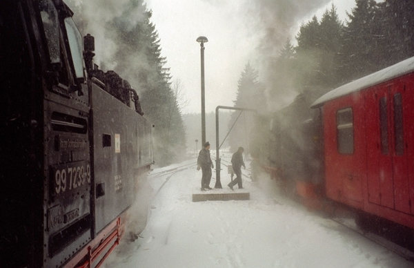 Die Brockenbahn im Schneegestöber von Celestina Schade