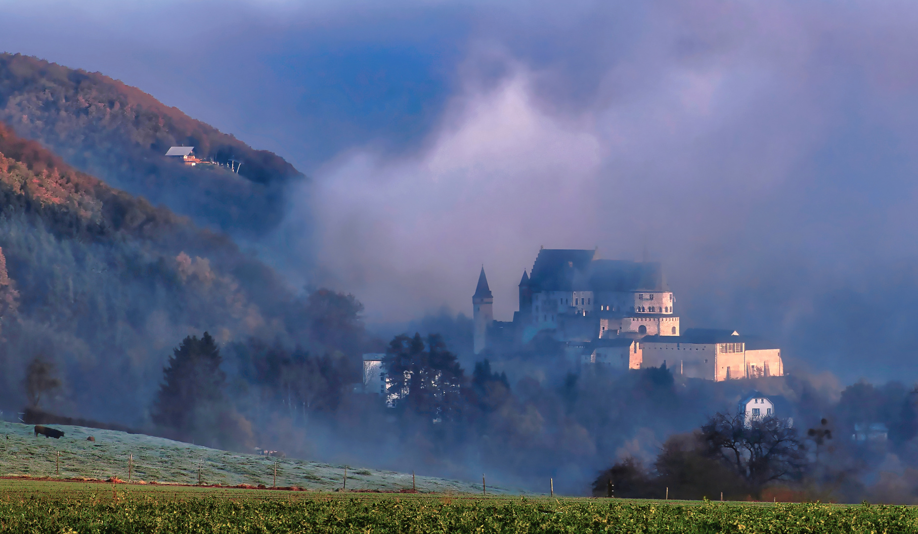 Die Burg Vianden im morgendlichen Herbstnebel