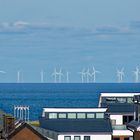 Die Dächer von Helgoland mit Windpark im Hintergrund