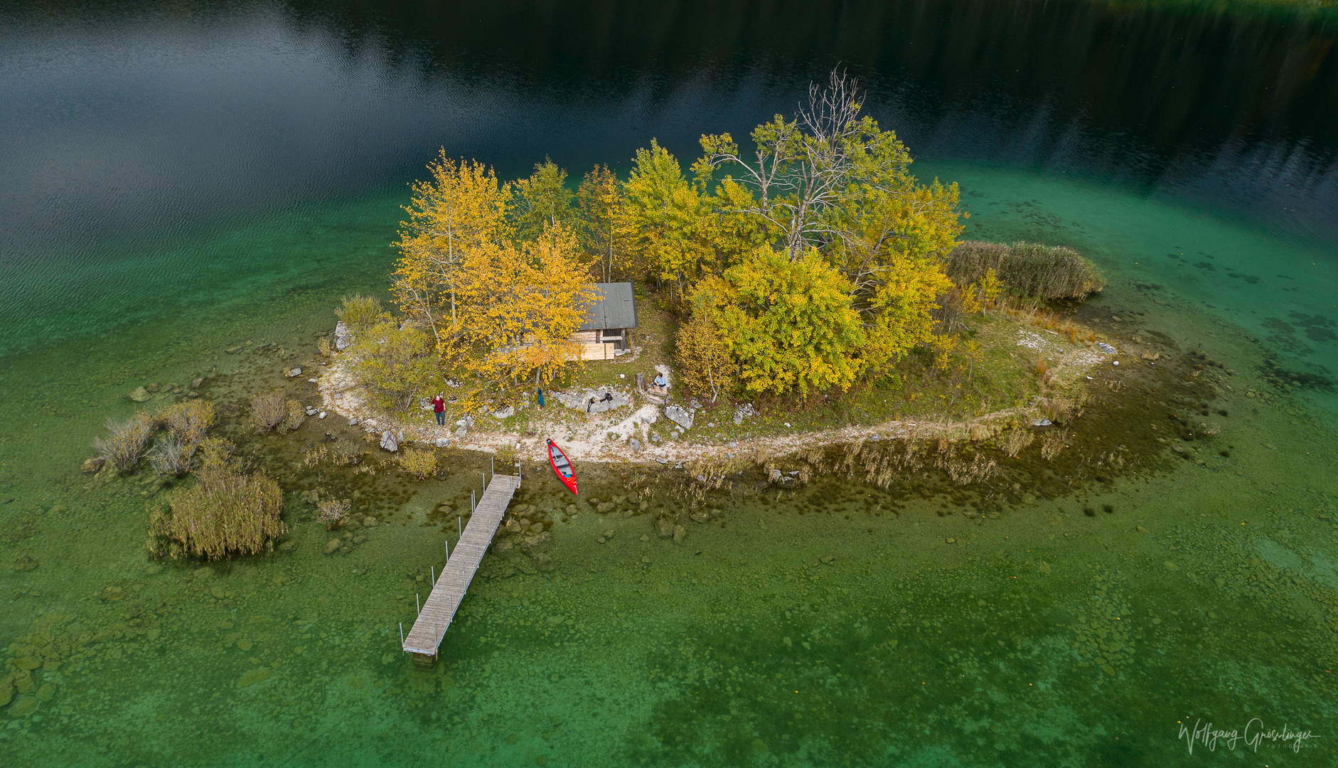 Die Eibseeinsel "Schönbichl" mit dem Roten Gummiboot