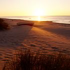 die ersten warmen morgendlichen Sonnenstrahlen legen sich über den ausgekühlten Strand