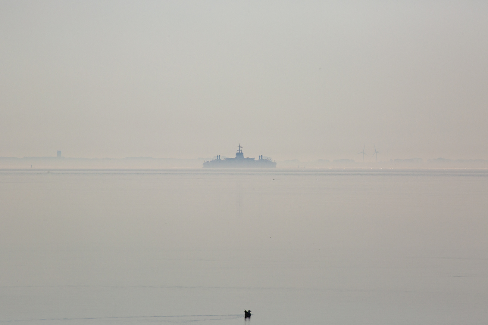 die Fähre kämpft sich durch den Morgennebel