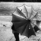 Die Frau mit dem Regenschirm (119);  ..... gegen den Wind!