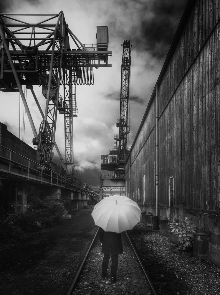 Die Frau mit dem Regenschirm; erreicht einen Hafen. (25)