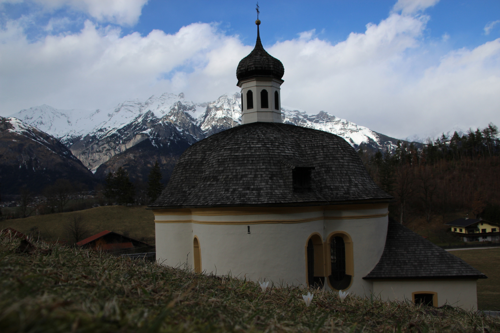 Die Kirche zum hl. Franz Borgias mit Frühlingsblühern im Vordergrund