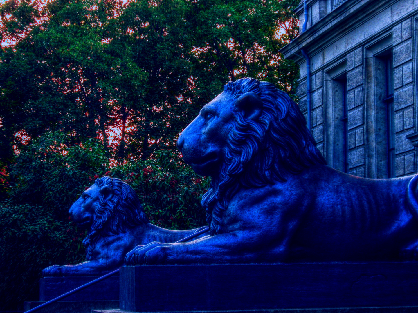 Die Löwen am Eingang der Herzog-August-Bibliothek (HAB) in Wolfenbüttel in HDR und Tonemapping