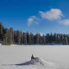 Die Nixe am Mummelsee blickt über ihr eisiges Reich