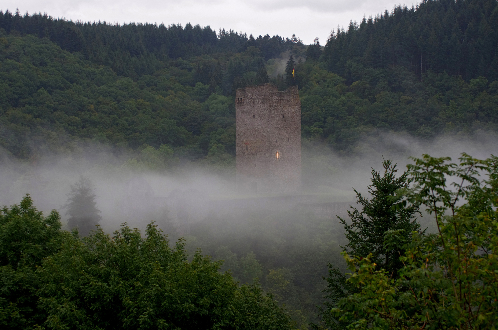 die Oberburg in Manderscheid im Nebel