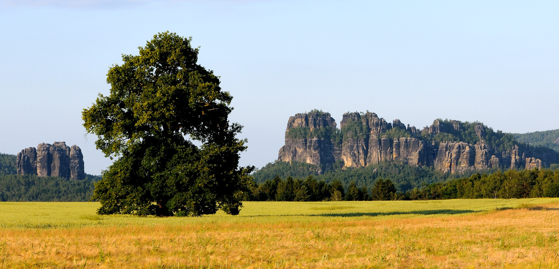 Die Schrammsteine (Sächsische Schweiz), angestrahlt von der Abendsonne.