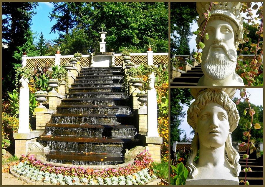 Die Stelen an der Wasserkaskade im Paradiesgarten Potsdam