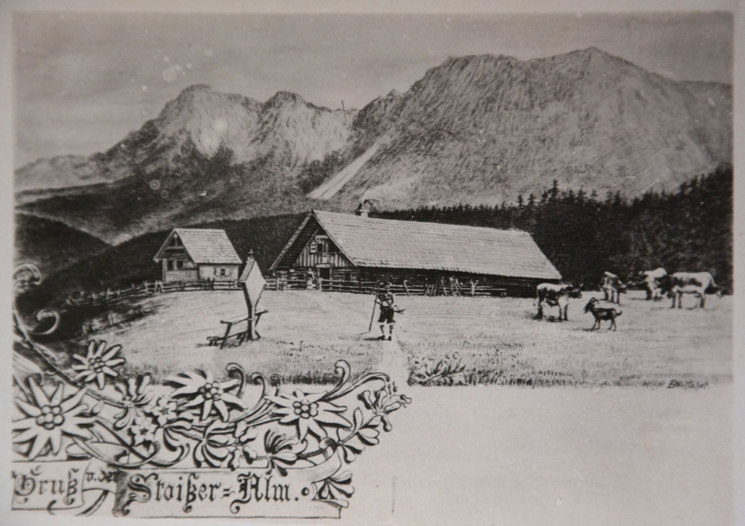 Die Stoißer Alm. Eine alte Postkarte vom Großonkel gezeichnet