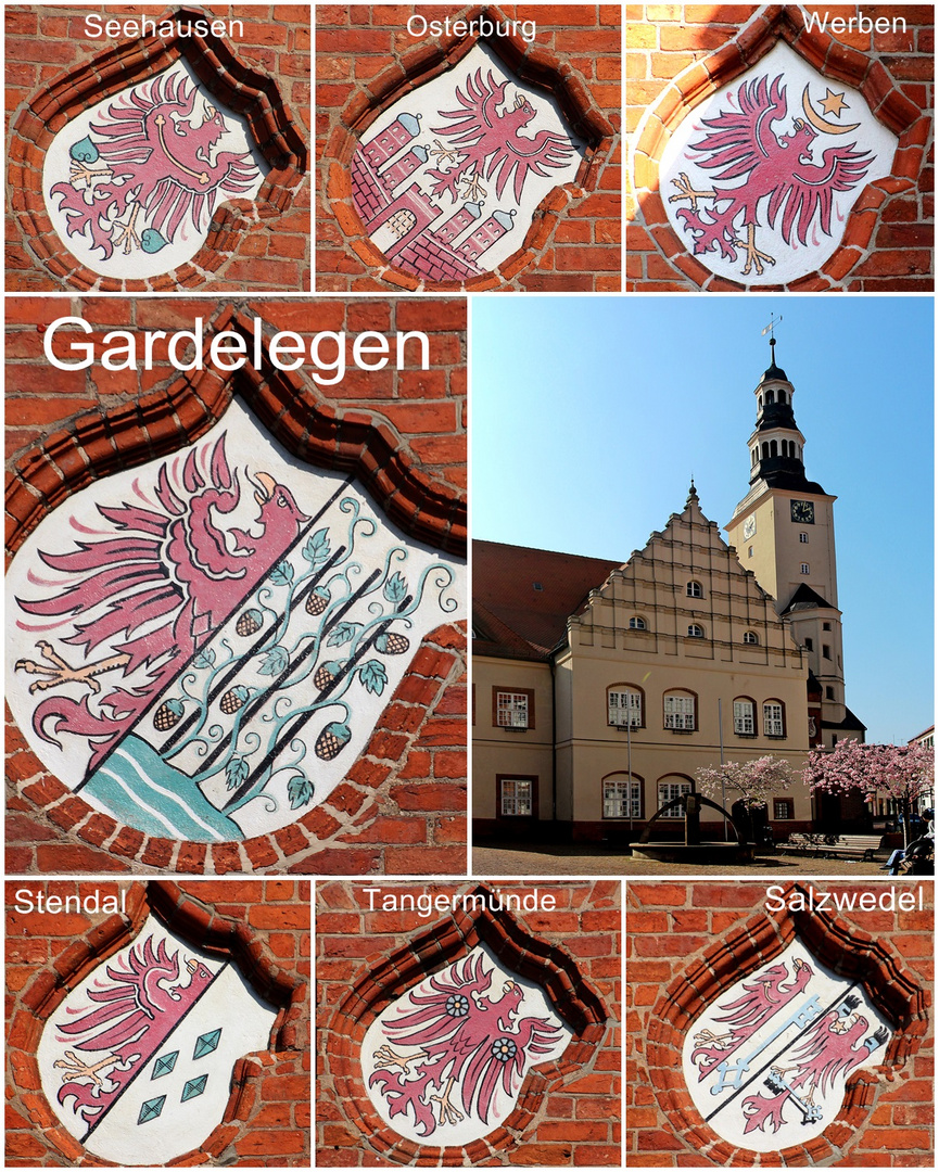 Die Wappen der 7 altmärkischen Hansestädte am Rathaus Gardelegen