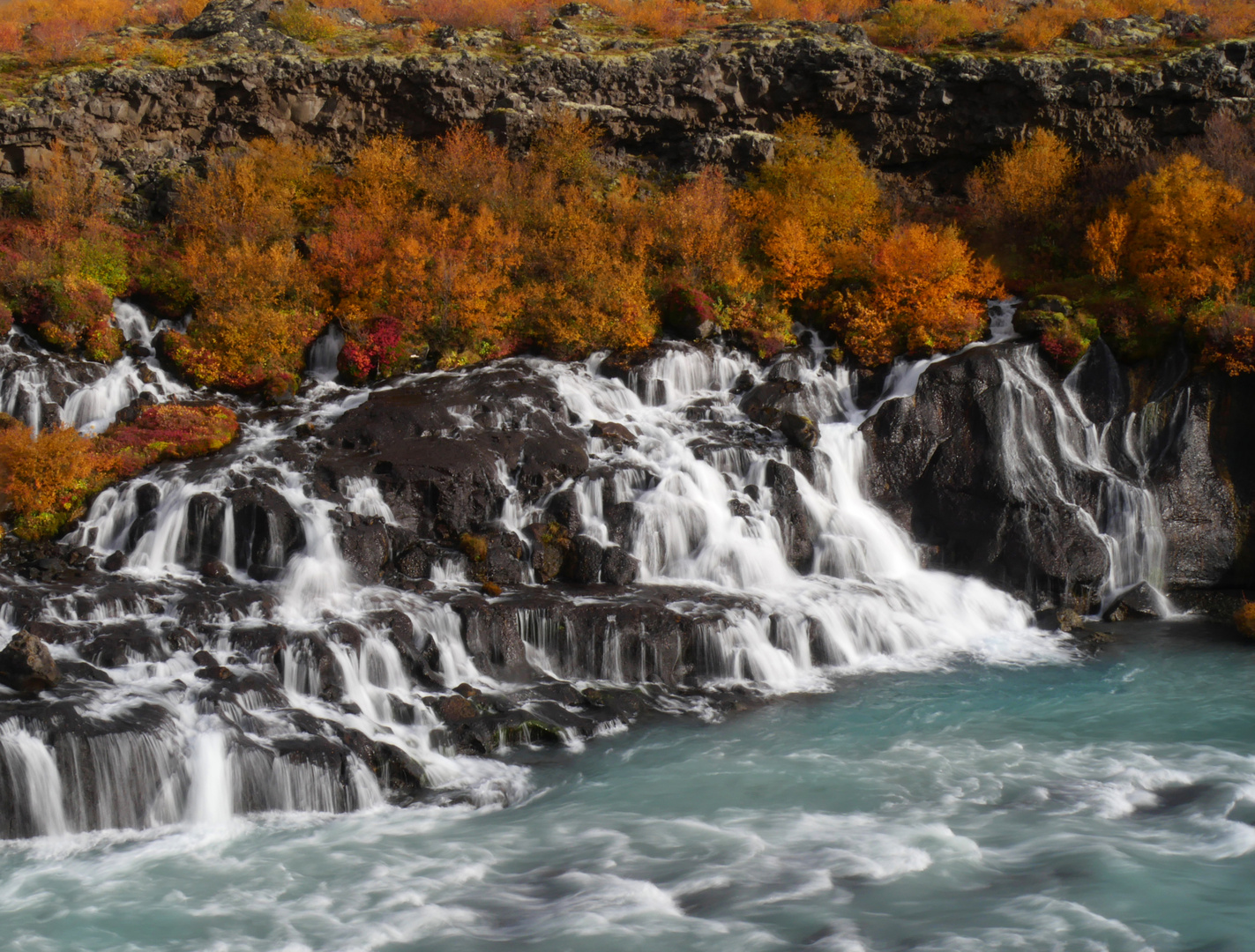 Die Wasserfälle Hraunfossar in Island im Herbst