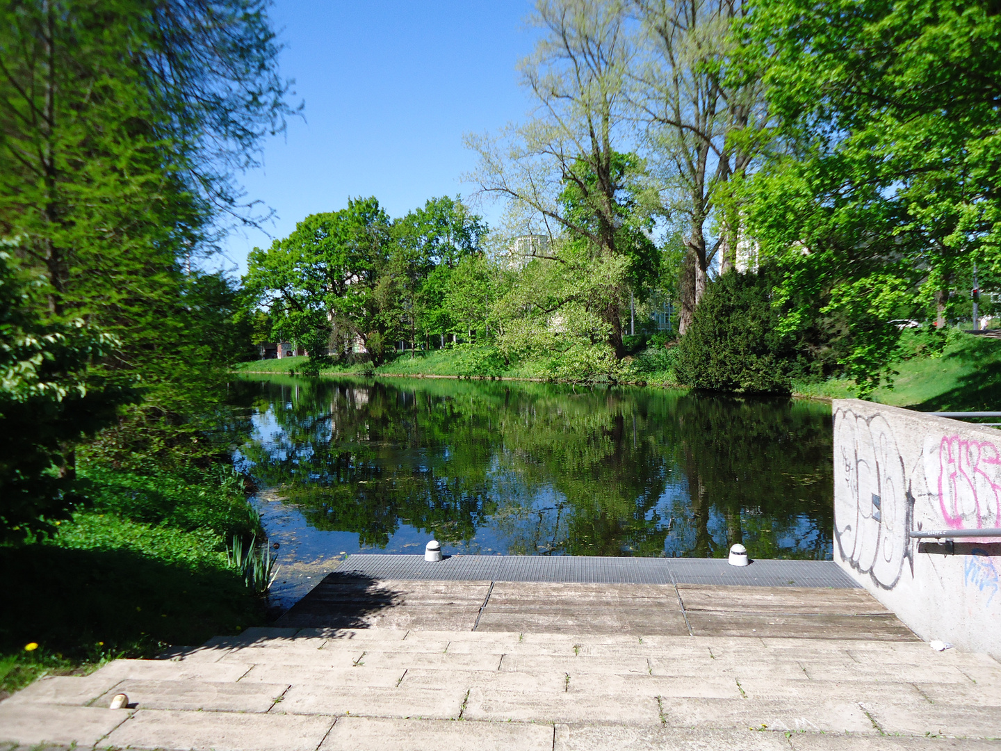 Diese Treppe führt zum Teich