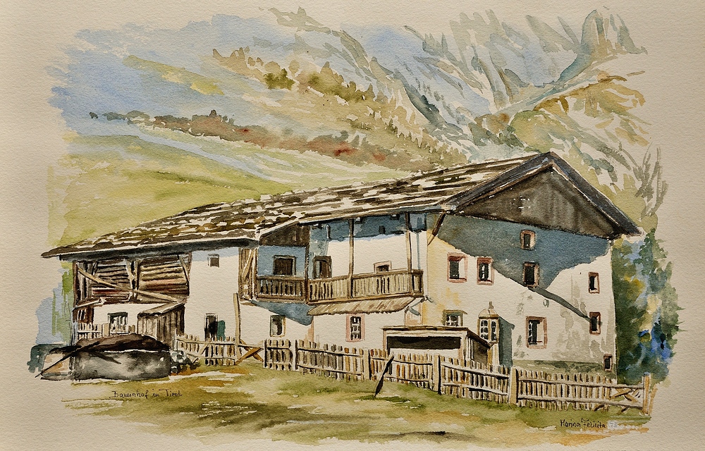 Dieses Aquarell "Bauernhof in Tirol" wurde mir von Mara Felicita einer Künstlerin, Sängerin,...