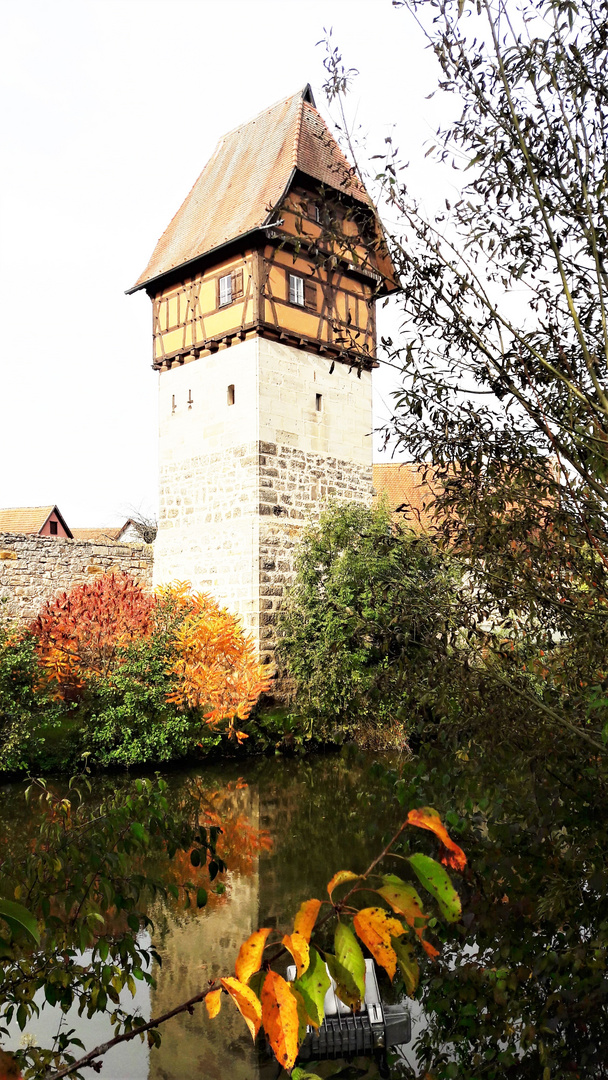 Dinkelsbühl :Bäuerlinsturm  mit Spiegelung in der Wörnitz