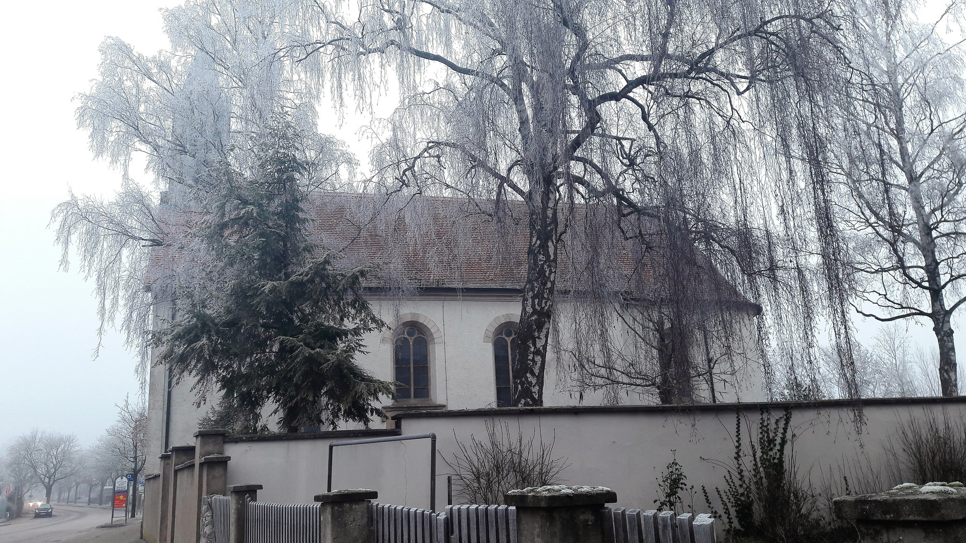 Dinkelsbühl Friedhofskirche im Morgennebel