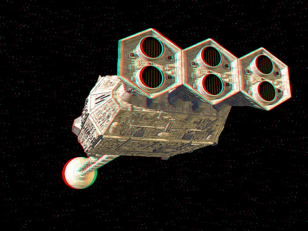 Discovery von 2001 als anaglyphes 3D-Rendering