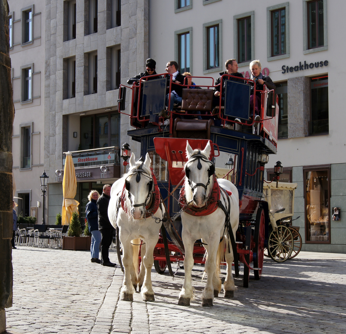 Doppelstock-Pferdekutsche am Dresdner Neumarkt neben der Frauenkirche