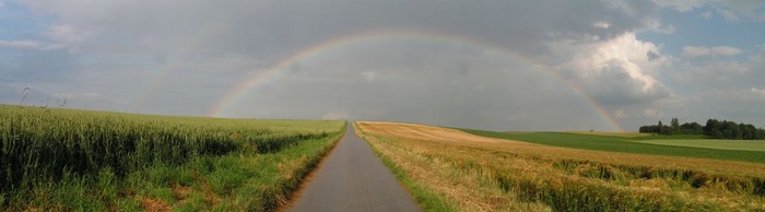 doppelter Regenbogen über Feldweg