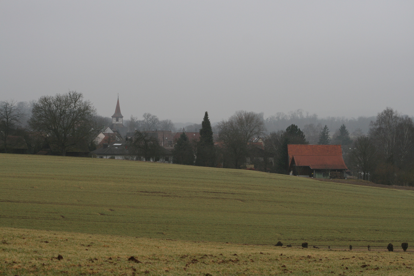 Dorf hinter Feldern