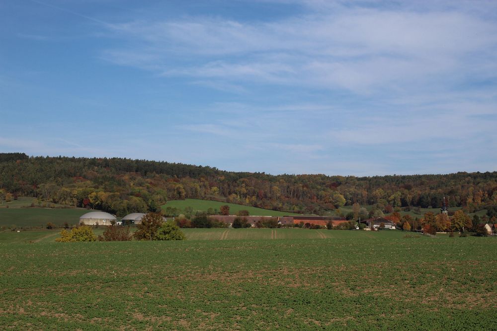 Dorf mit Biogasanlage im herbstlichen Gewand