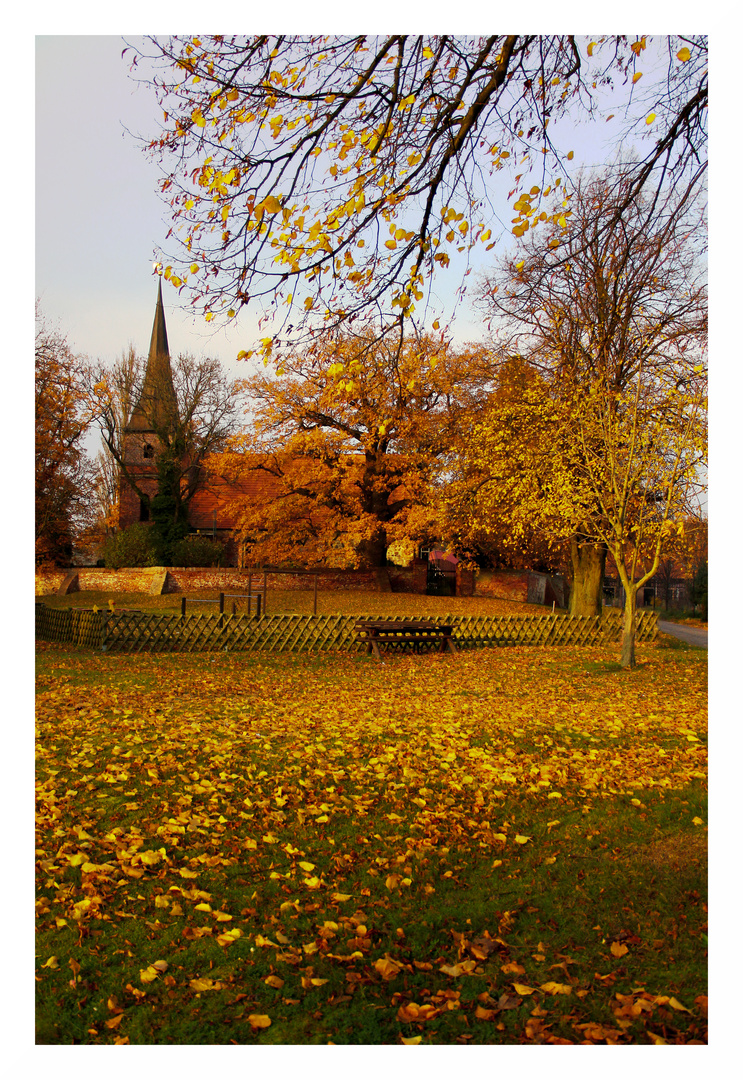 dorfkirche mellenthin im herbstlaub