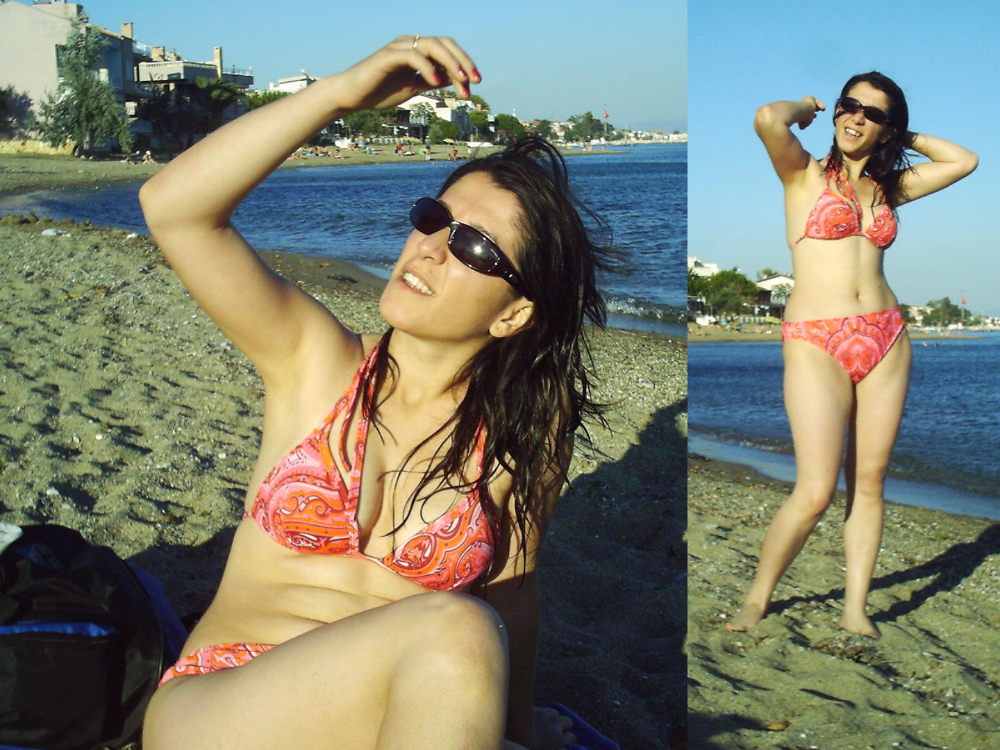 Dorothea nur mit pink Bikinis und Sonnenbrillen - Freies Haar und freche Pose am Strand