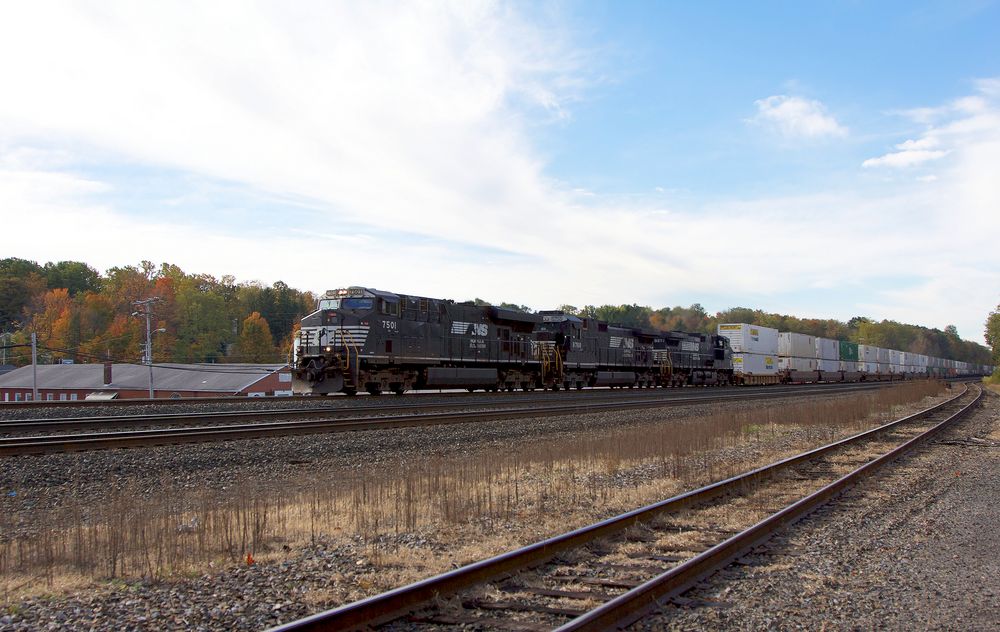 Double Stack Container Freight Train of Norfolk & Southern, Cresson, PA, USA