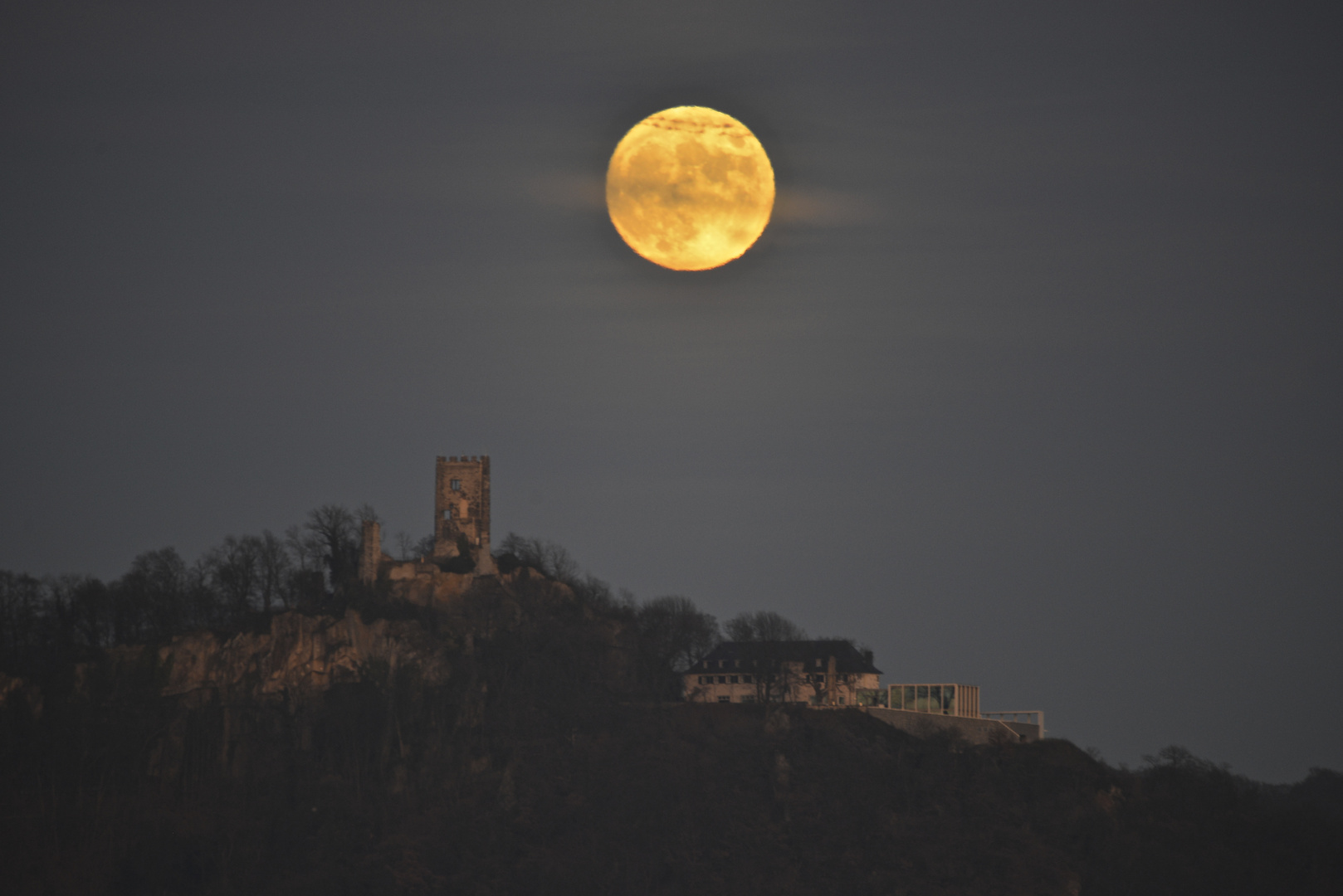 Drachenfels mit Mond zur blauen Stunde