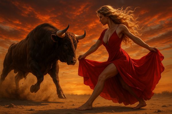 Dramatischer Stierkampf bei Sonnenuntergang