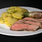 Dray Age Steak mit Kartoffelslalat und grüne Bohnen in Speckmantel4