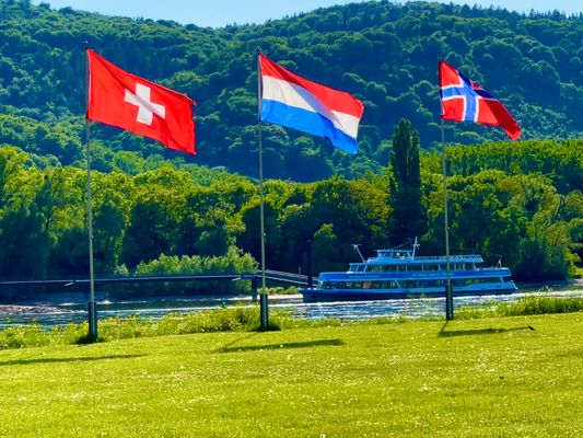 Drei Flaggen am Rheinufer