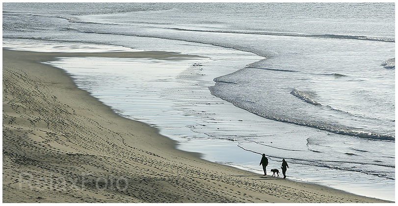 "Drei Freunde auf Strandwanderung" - Paar mit Hund beim Spaziergang am Strand von Sylt