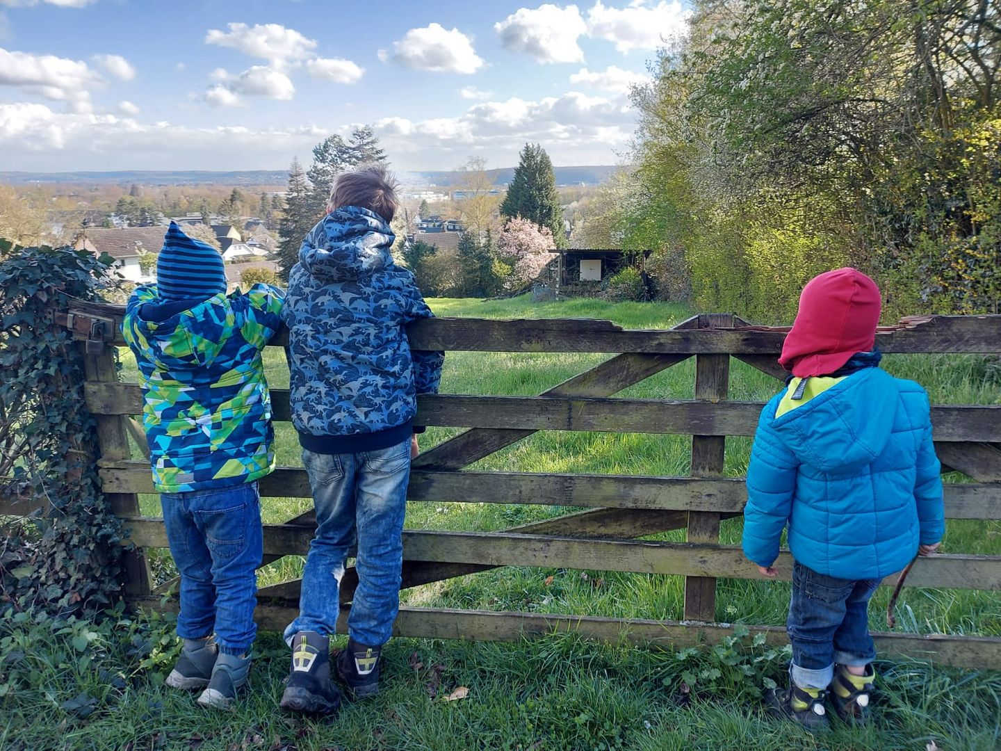 Drei Kinder sehen den Frühling