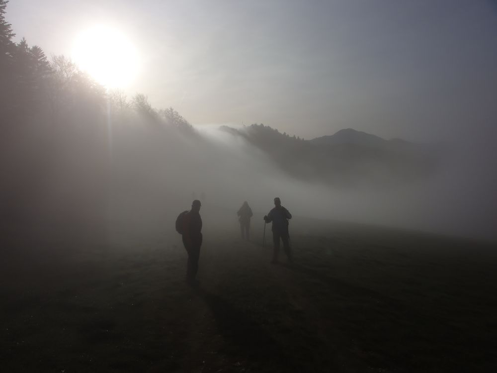 Drei Männer im Nebel.