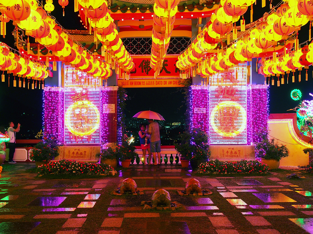 Drei Schildkröten im Regen, Kek Lok Si Tempel, Penang