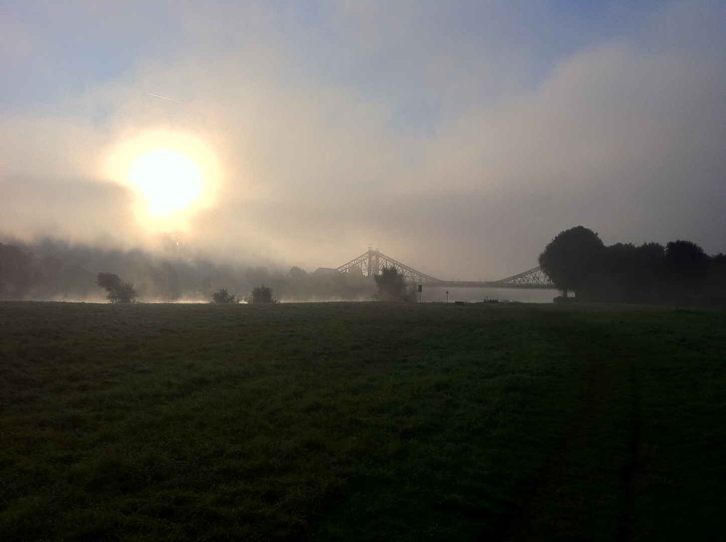 Dresden: Blaues Wunder im Morgennebel