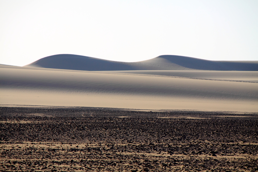 dunkle Steine und endlose Dünen am Horizont