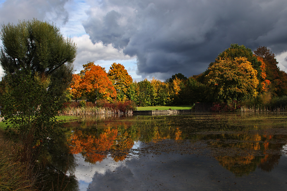 dunkle Wolken über dem herbstlichen Weiher