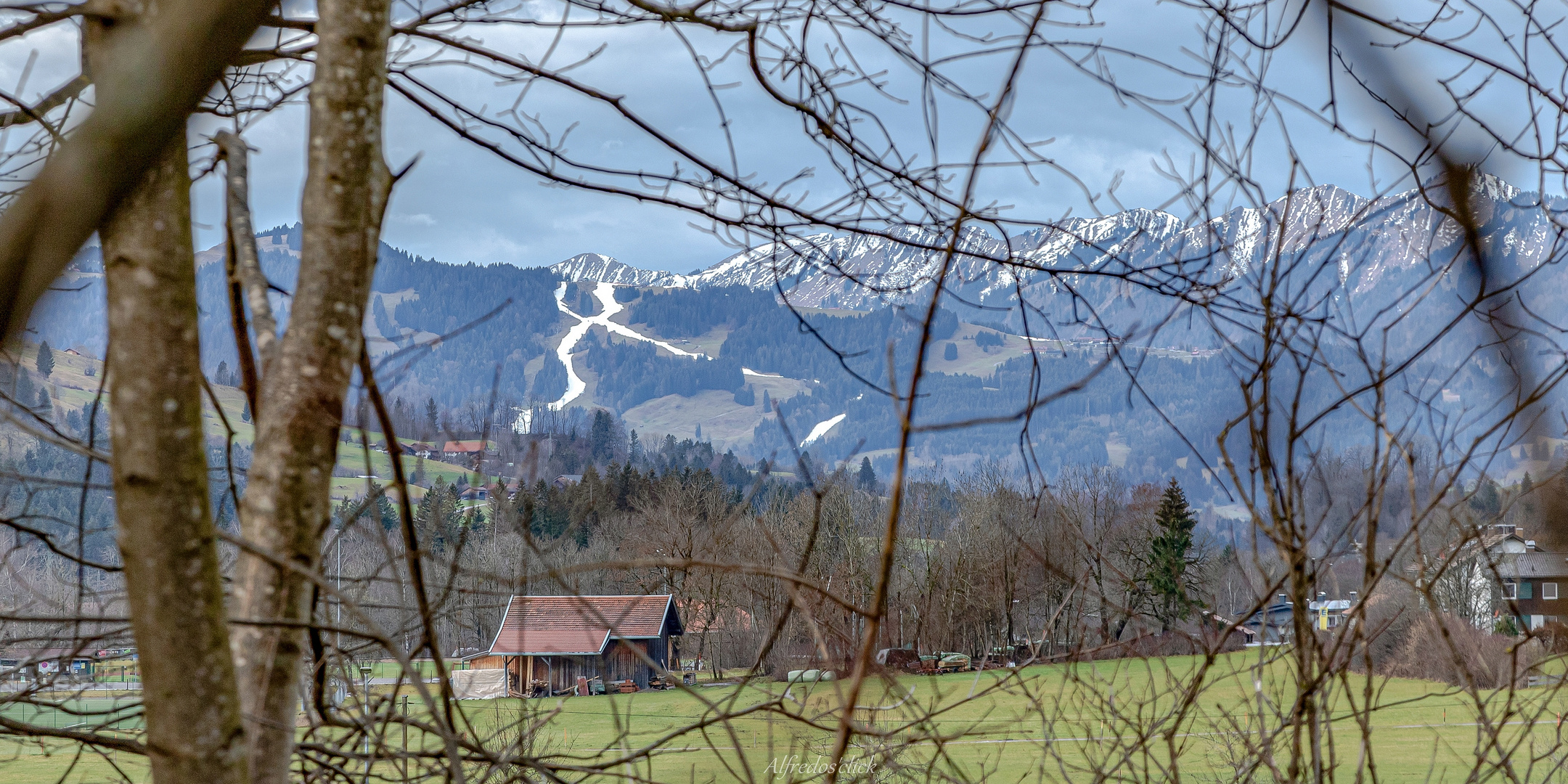 Durchblick auf den Allgäuer Hochalpen.