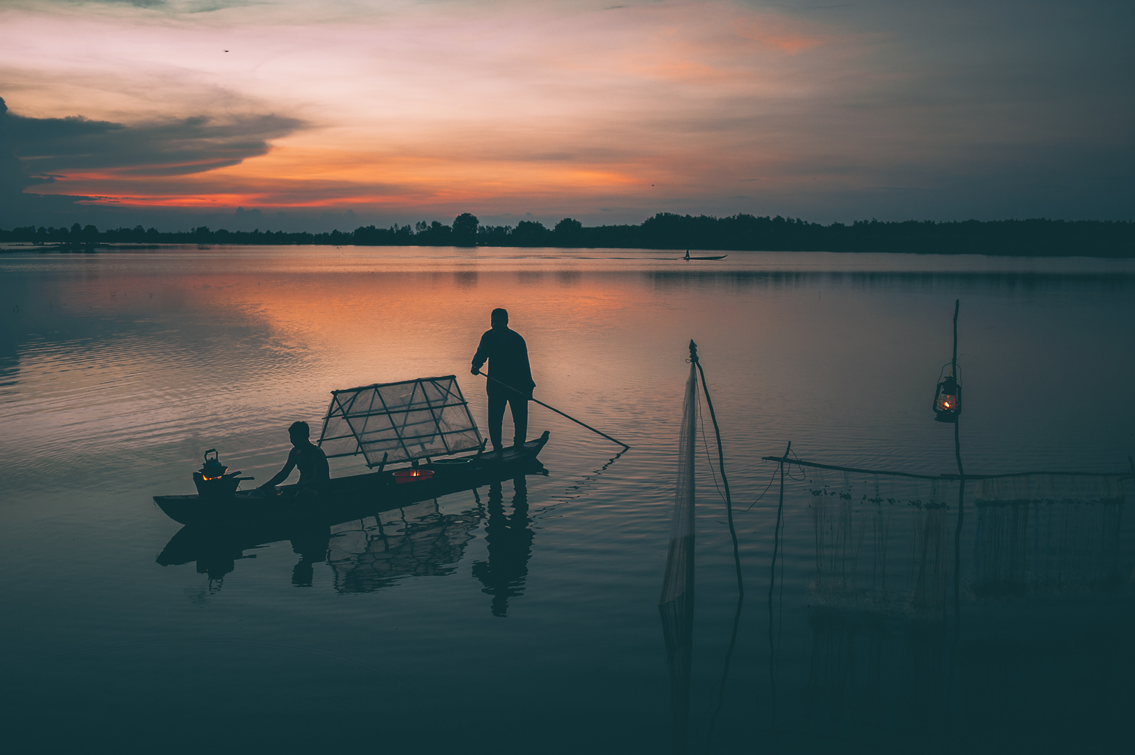 Dusk on flooding rice field